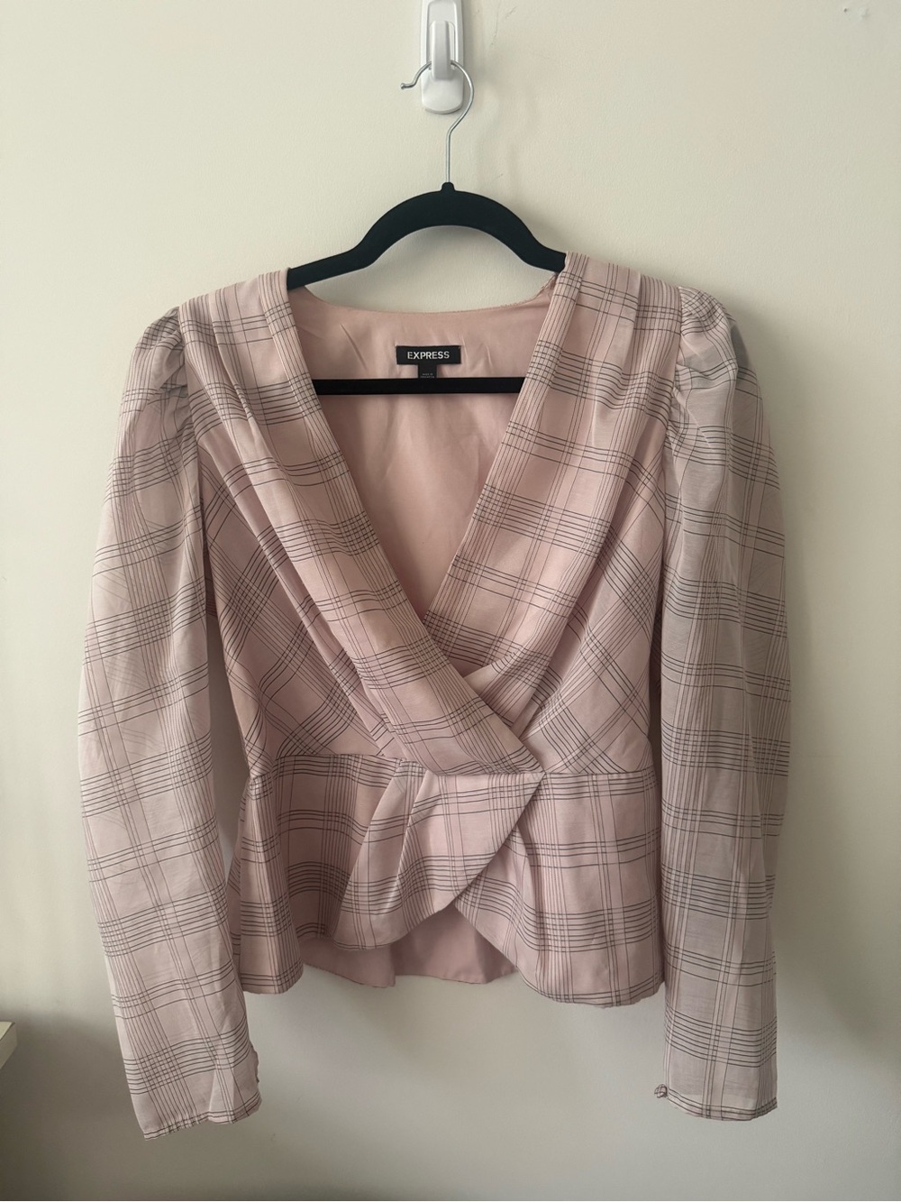 Express Check Print Faux Wrap Front Pink Peplum Top